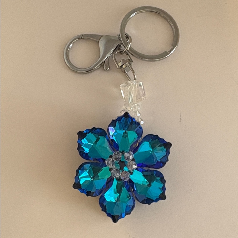 Blue Crystal Flower Dual sided Keychain
